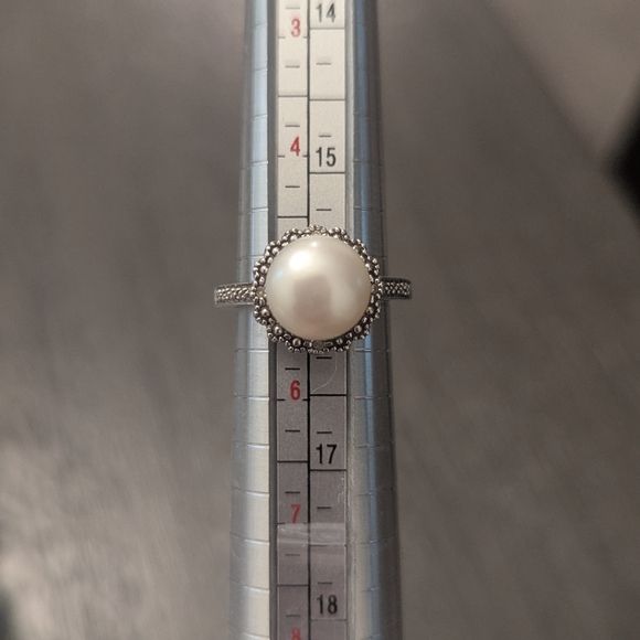 Vintage-Edwardian Inspired Sterling Silver Pearl Halo Ring Size 5 - Picture 6 of 9
